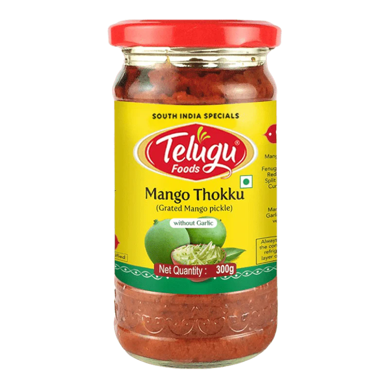 Telugu Foods Mango Thokku Grated Mango Pickle without Garlic 300g